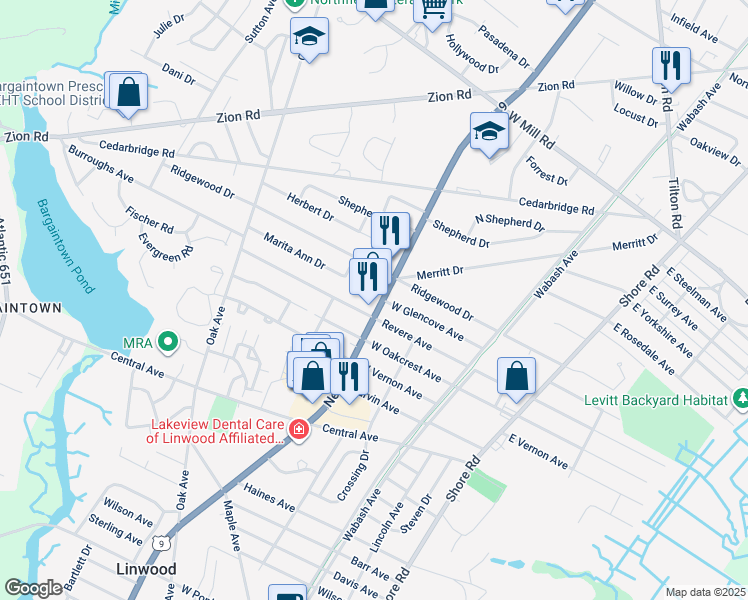 map of restaurants, bars, coffee shops, grocery stores, and more near 2403 New Road in Northfield