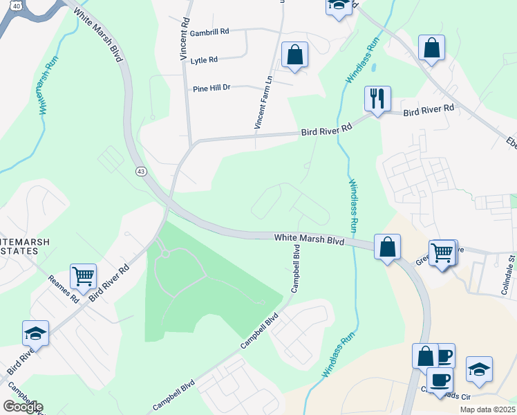 map of restaurants, bars, coffee shops, grocery stores, and more near 10429 Windlass Run Road in Baltimore