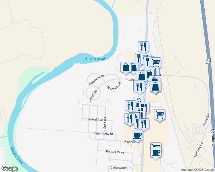 map of restaurants, bars, coffee shops, grocery stores, and more near 5 Deerpath Road in Chillicothe