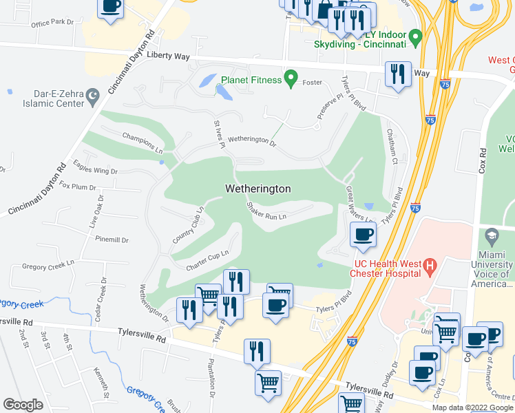 map of restaurants, bars, coffee shops, grocery stores, and more near 7356 Shaker Run Lane in Wetherington