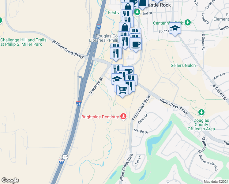 map of restaurants, bars, coffee shops, grocery stores, and more near 175 South Perry Street in Castle Rock
