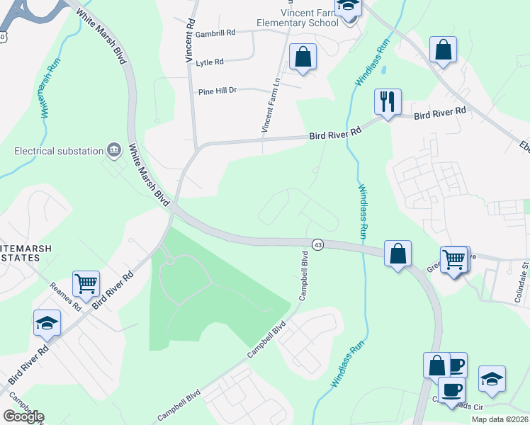 map of restaurants, bars, coffee shops, grocery stores, and more near 10429 Windlass Run Road in Baltimore