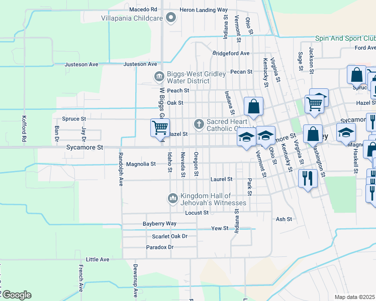 map of restaurants, bars, coffee shops, grocery stores, and more near 1605 Sycamore Street in Gridley