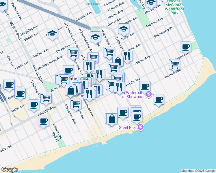 map of restaurants, bars, coffee shops, grocery stores, and more near 14 South Pennsylvania Avenue in Atlantic City