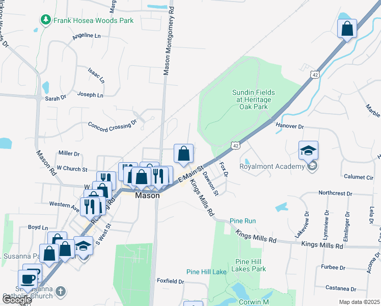 map of restaurants, bars, coffee shops, grocery stores, and more near 118 Cowan Drive in Mason