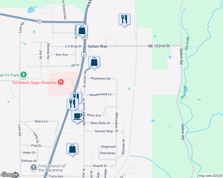 map of restaurants, bars, coffee shops, grocery stores, and more near 1000 Meadowlark Lane in Excelsior Springs