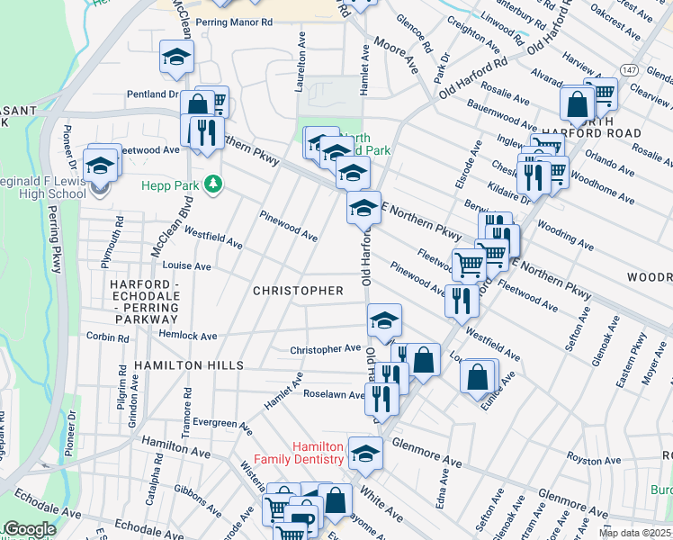 map of restaurants, bars, coffee shops, grocery stores, and more near 2712 Westfield Avenue in Baltimore