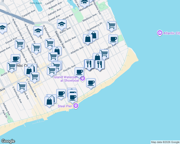 map of restaurants, bars, coffee shops, grocery stores, and more near 626 Oriental Avenue in Atlantic City