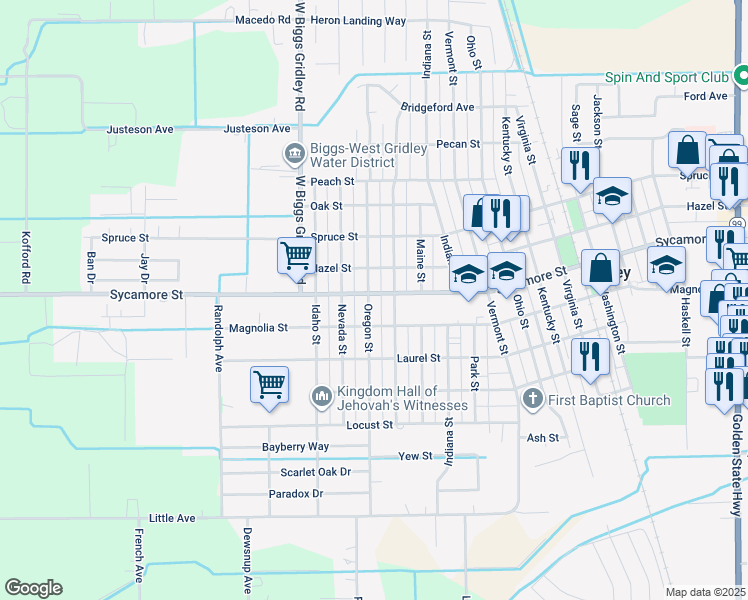 map of restaurants, bars, coffee shops, grocery stores, and more near 1585 Sycamore Street in Gridley