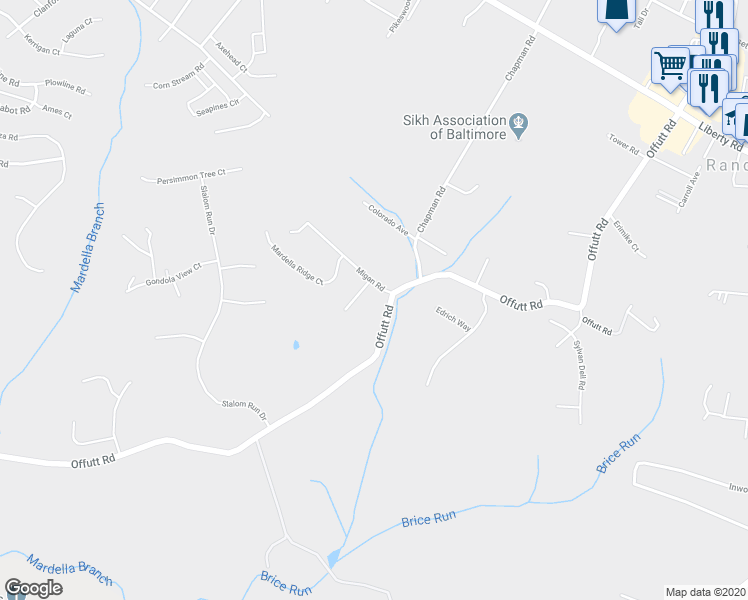 map of restaurants, bars, coffee shops, grocery stores, and more near 9300 Migan Road in Randallstown
