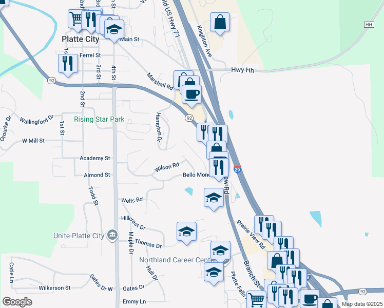 map of restaurants, bars, coffee shops, grocery stores, and more near 33 Florentina Street in Platte City