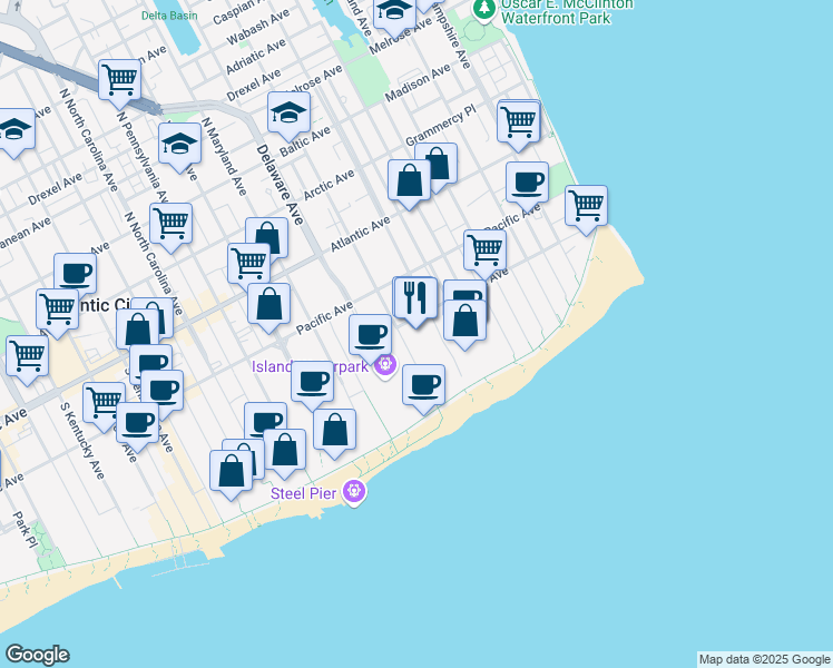 map of restaurants, bars, coffee shops, grocery stores, and more near 147 South New Jersey Avenue in Atlantic City