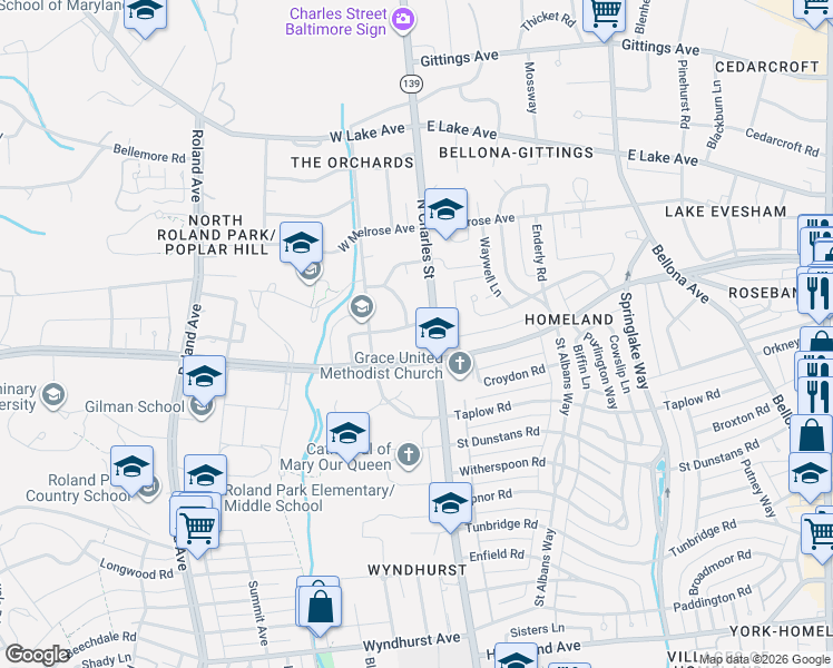 map of restaurants, bars, coffee shops, grocery stores, and more near 3 Tamworth Road in Baltimore