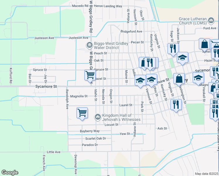 map of restaurants, bars, coffee shops, grocery stores, and more near 1605 Sycamore Street in Gridley