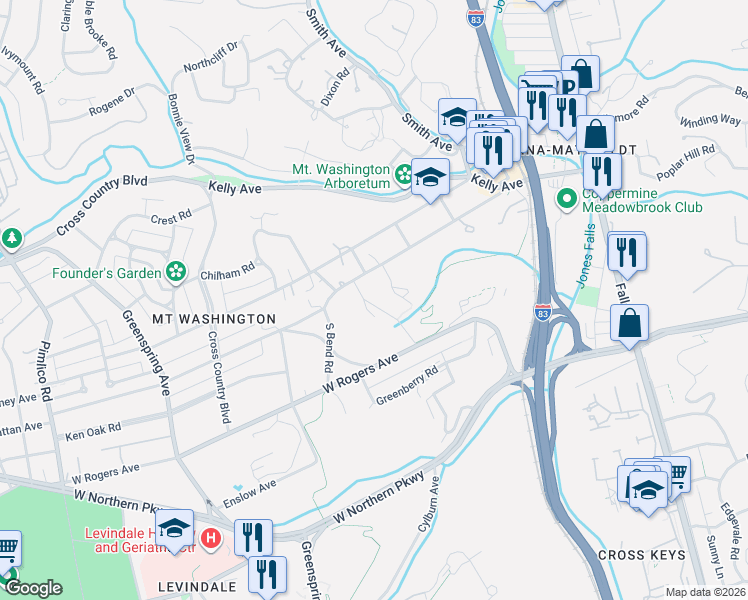 map of restaurants, bars, coffee shops, grocery stores, and more near 5607 Wildwood Lane in Baltimore