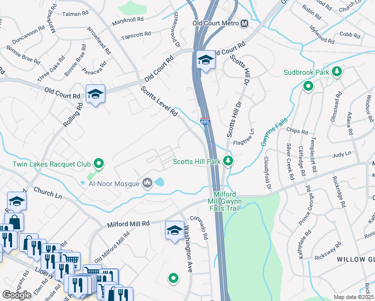 map of restaurants, bars, coffee shops, grocery stores, and more near 7905 Brookford Circle in Baltimore