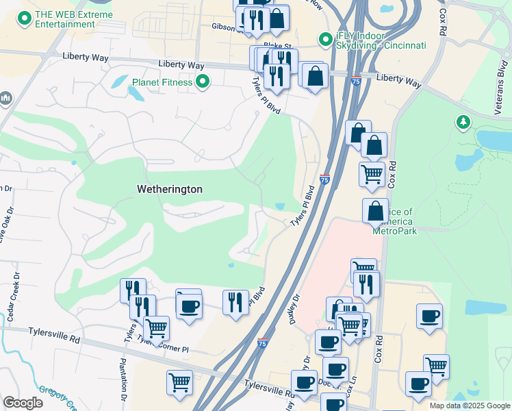 map of restaurants, bars, coffee shops, grocery stores, and more near 7544 Bermuda Trce in Wetherington