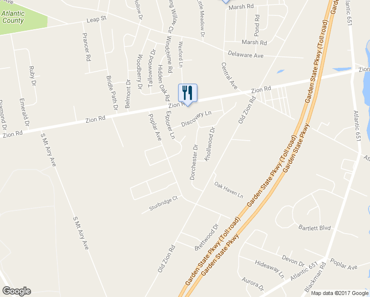 map of restaurants, bars, coffee shops, grocery stores, and more near 118 Explorer Lane in Egg Harbor Township