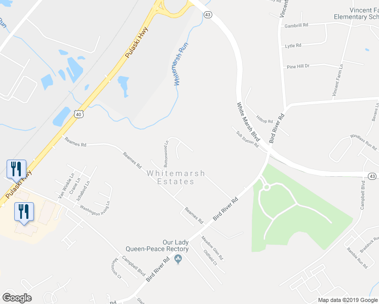 map of restaurants, bars, coffee shops, grocery stores, and more near 12153 Buttonwood Lane in Middle River