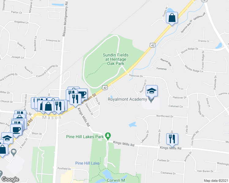 map of restaurants, bars, coffee shops, grocery stores, and more near 400 Four Seasons Drive in Mason