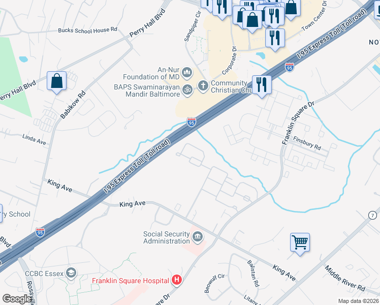map of restaurants, bars, coffee shops, grocery stores, and more near 5109 Castlestone Drive in Rosedale