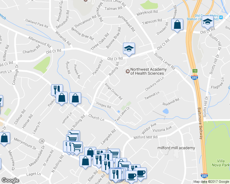 map of restaurants, bars, coffee shops, grocery stores, and more near 8248 Kings Crown Road in Pikesville