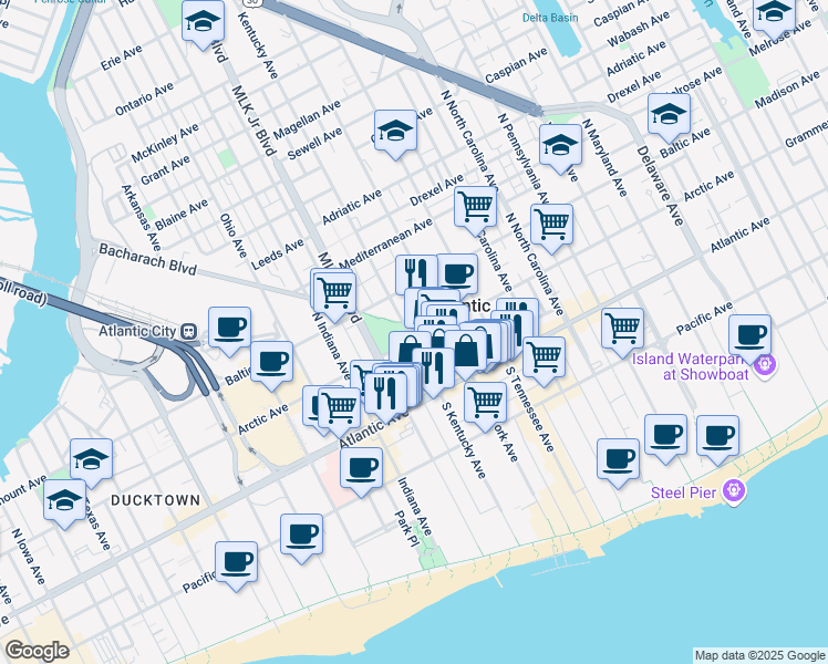 map of restaurants, bars, coffee shops, grocery stores, and more near 1525 Arctic Avenue in Atlantic City