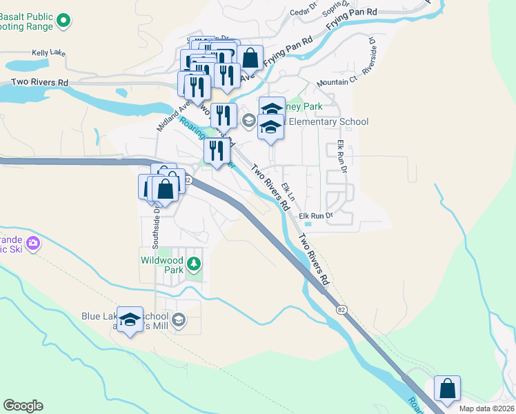 map of restaurants, bars, coffee shops, grocery stores, and more near 129 Emma Road in Basalt