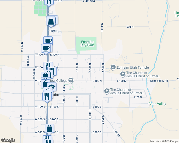 map of restaurants, bars, coffee shops, grocery stores, and more near 192 North 300 East in Ephraim