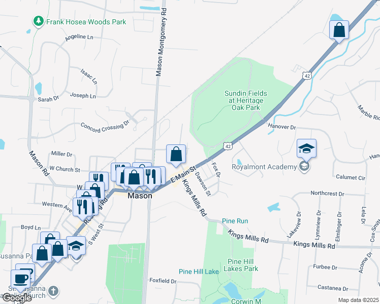 map of restaurants, bars, coffee shops, grocery stores, and more near 118 Cowan Drive in Mason