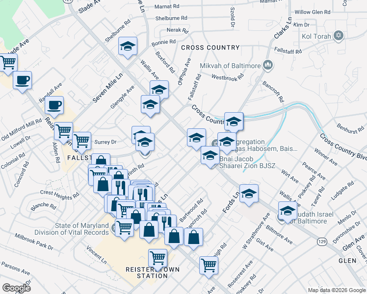 map of restaurants, bars, coffee shops, grocery stores, and more near 3607 Labyrinth Road in Baltimore