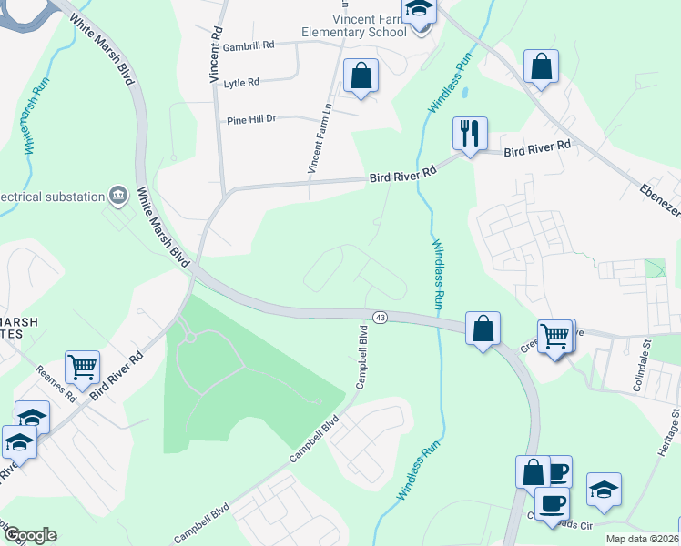 map of restaurants, bars, coffee shops, grocery stores, and more near 10408 Windlass Run Road in Baltimore