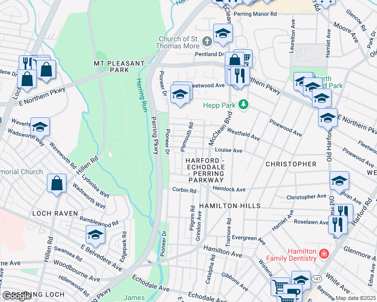 map of restaurants, bars, coffee shops, grocery stores, and more near 2207 Louise Ave in Baltimore