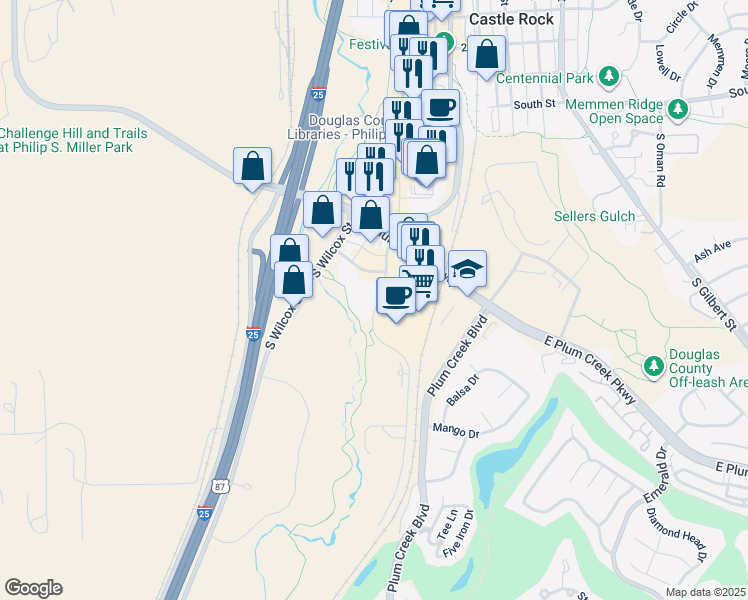 map of restaurants, bars, coffee shops, grocery stores, and more near 175 South Perry Street in Castle Rock