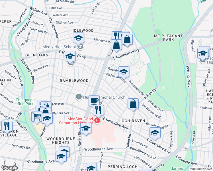 map of restaurants, bars, coffee shops, grocery stores, and more near 1513 Sherwood Avenue in Baltimore