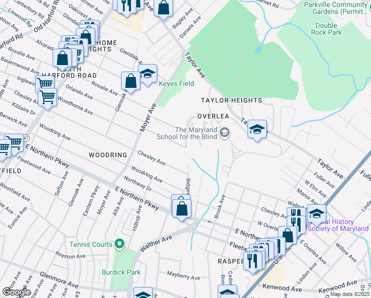 map of restaurants, bars, coffee shops, grocery stores, and more near 7101 Fairdel Avenue in Baltimore