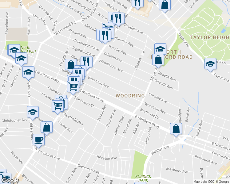 map of restaurants, bars, coffee shops, grocery stores, and more near 3135 Woodring Avenue in Baltimore