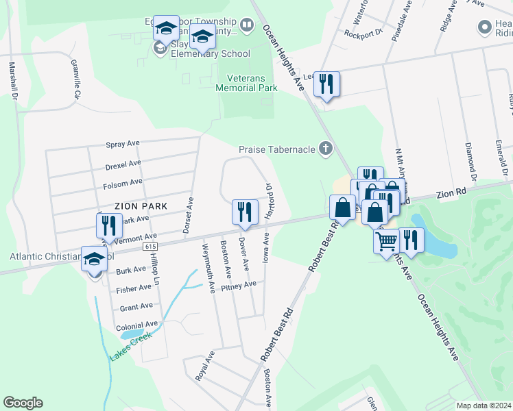 map of restaurants, bars, coffee shops, grocery stores, and more near 38 Hartford Drive in Egg Harbor Township