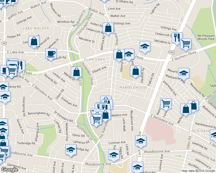 map of restaurants, bars, coffee shops, grocery stores, and more near 1124 Ramblewood Road in Baltimore