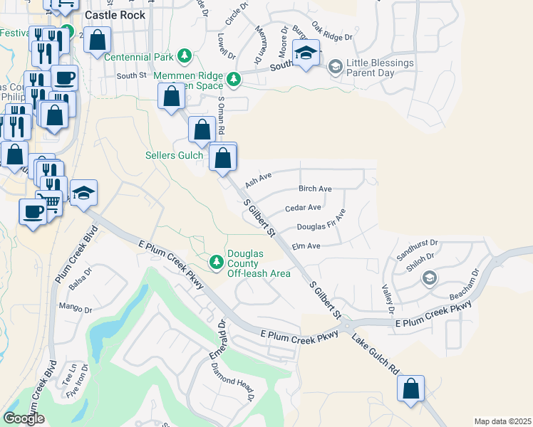 map of restaurants, bars, coffee shops, grocery stores, and more near 101 Cedar Avenue in Castle Rock