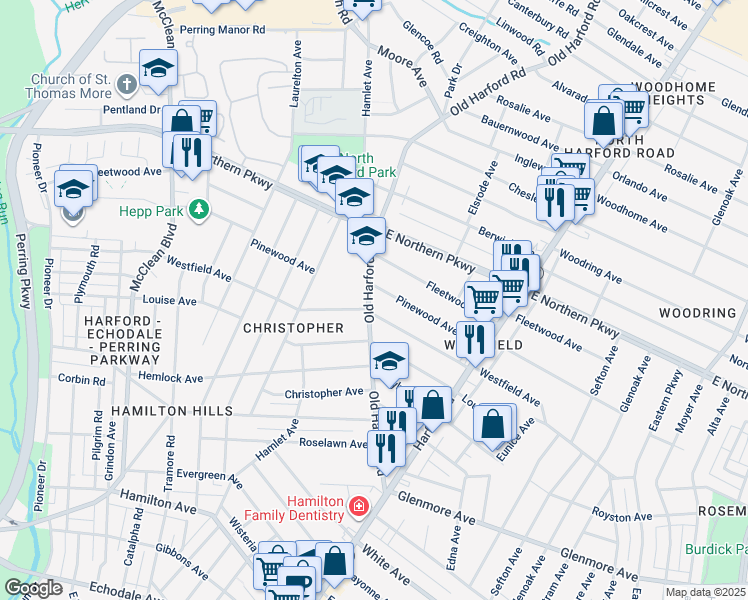map of restaurants, bars, coffee shops, grocery stores, and more near 6405 Old Harford Road in Baltimore