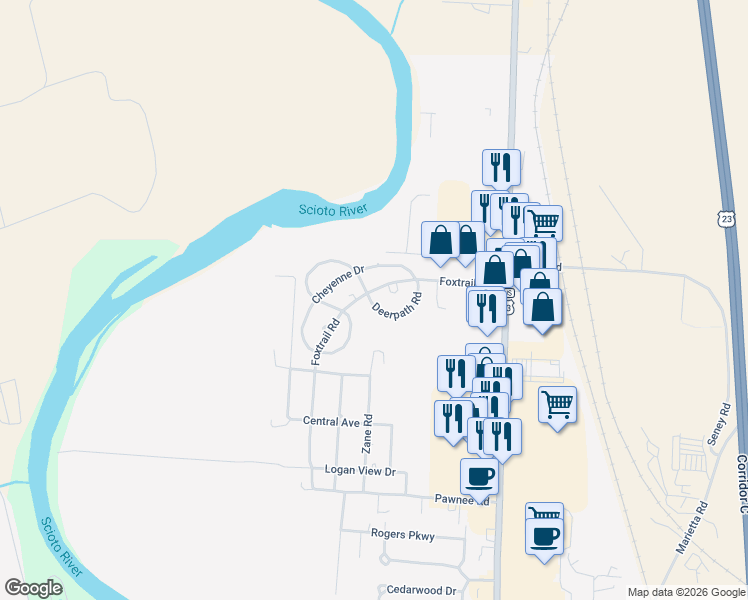 map of restaurants, bars, coffee shops, grocery stores, and more near 5 Deerpath Road in Chillicothe