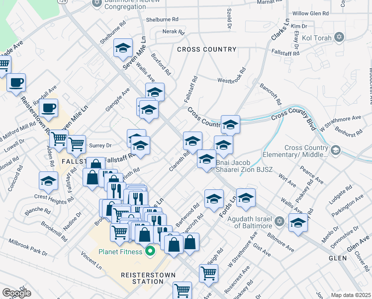 map of restaurants, bars, coffee shops, grocery stores, and more near 3600 Clarinth Road in Baltimore