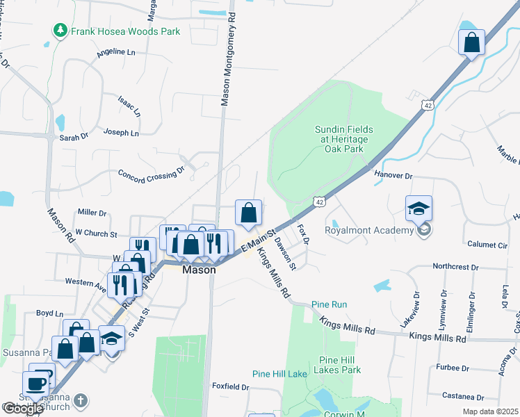 map of restaurants, bars, coffee shops, grocery stores, and more near 118 Cowan Drive in Mason