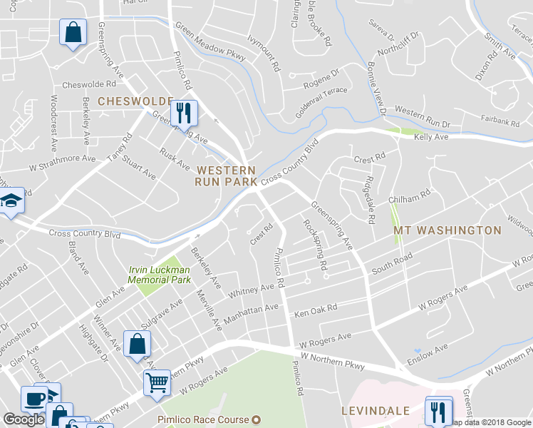 map of restaurants, bars, coffee shops, grocery stores, and more near 5810 Pimlico Road in Baltimore