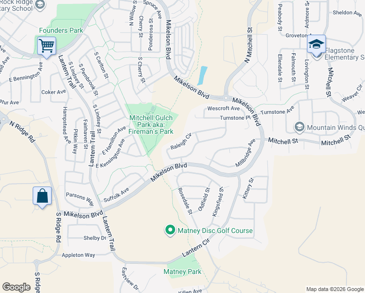 map of restaurants, bars, coffee shops, grocery stores, and more near 5984 Raleigh Circle in Castle Rock