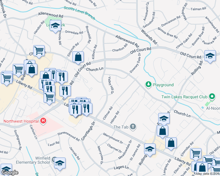 map of restaurants, bars, coffee shops, grocery stores, and more near 3706 Valley Hill Drive in Randallstown
