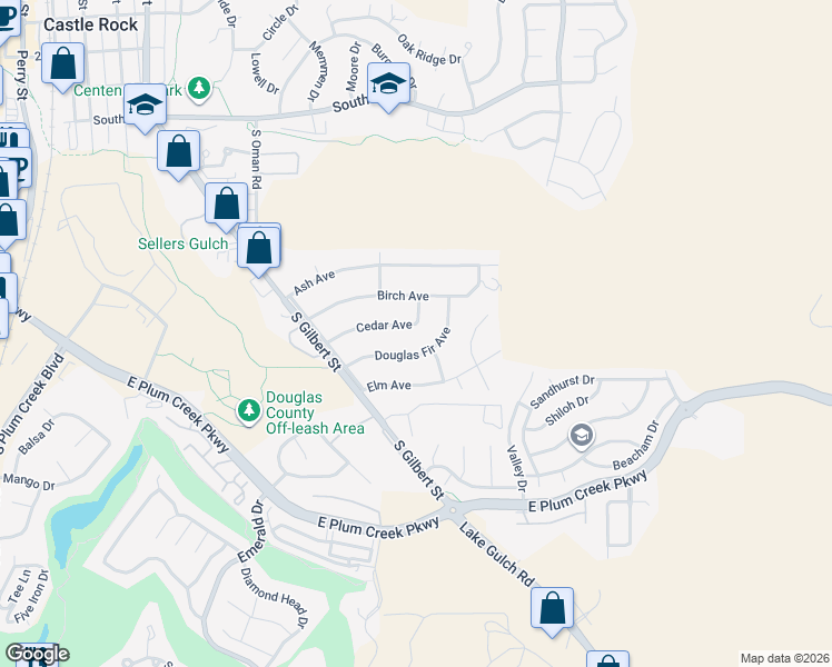 map of restaurants, bars, coffee shops, grocery stores, and more near 212 Cedar Avenue in Castle Rock
