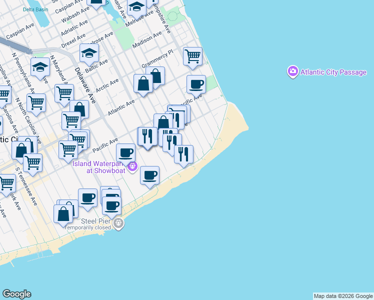 map of restaurants, bars, coffee shops, grocery stores, and more near 239 Metropolitan Avenue in Atlantic City