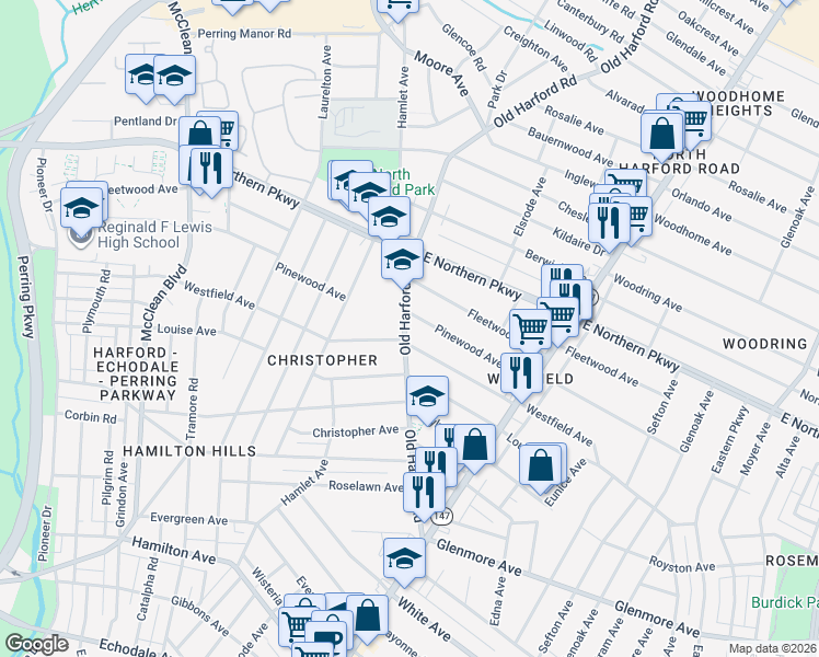map of restaurants, bars, coffee shops, grocery stores, and more near 6405 Old Harford Road in Baltimore